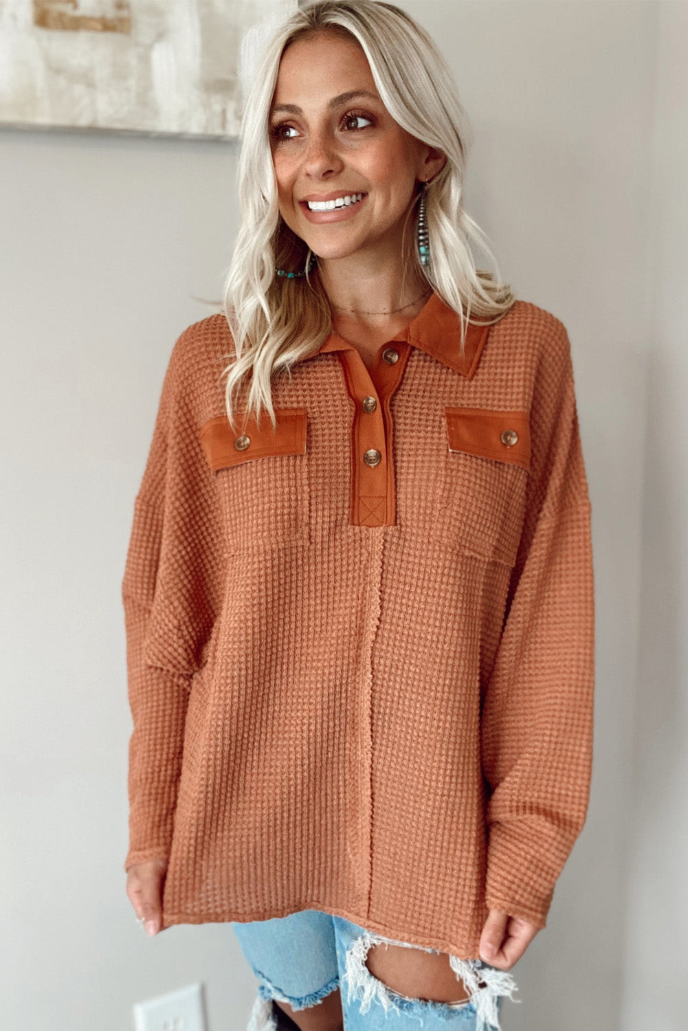 Waffle Knit Button Contrast Trim Long Sleeve Top