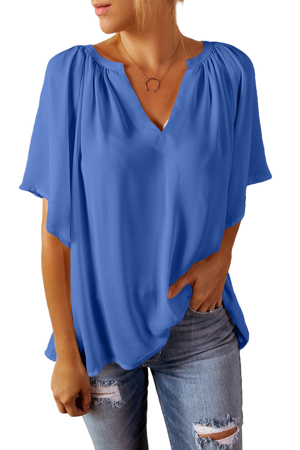 Split Neck Pleated Loose Top