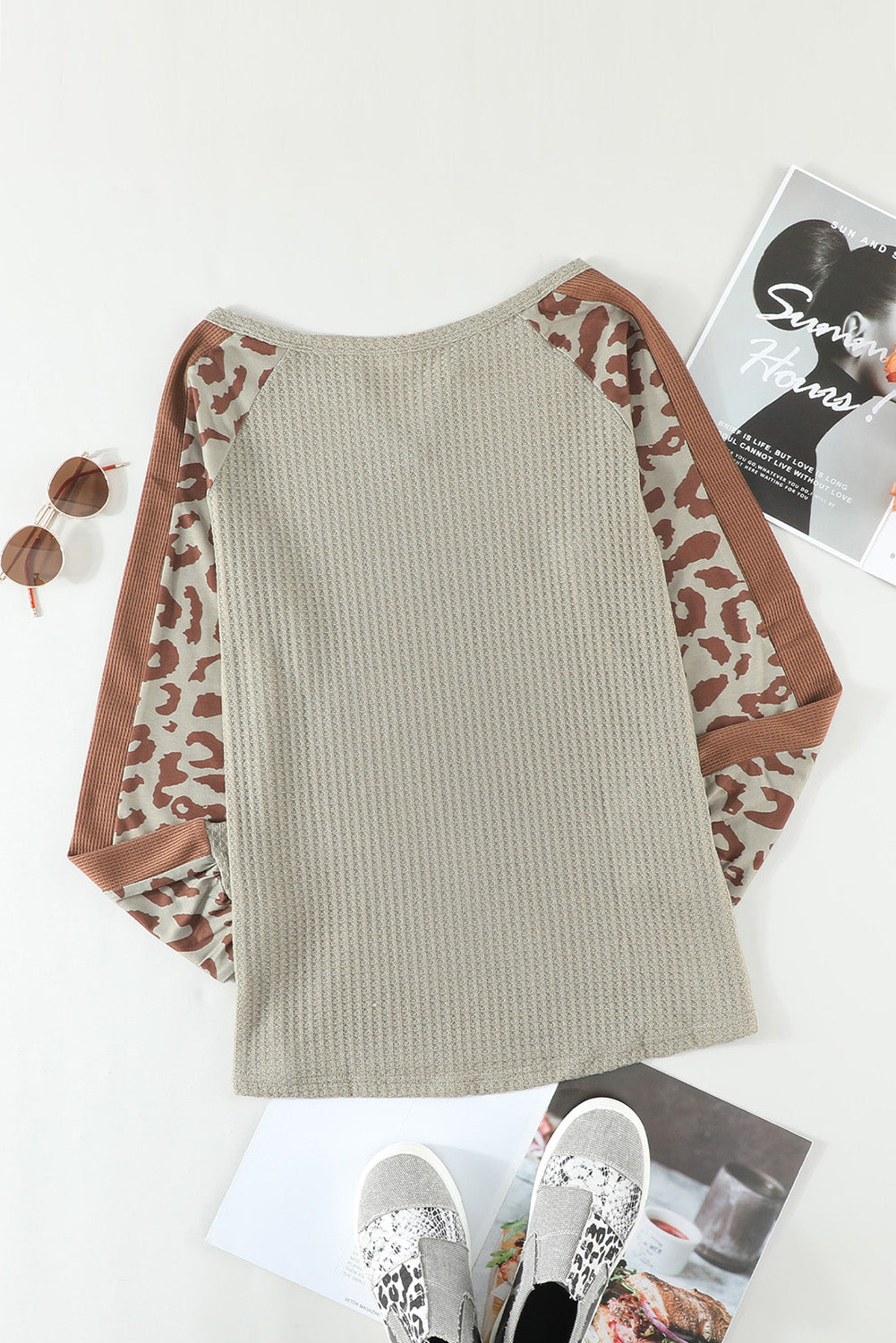 Mocha Print Waffle Knit Long Sleeve Top