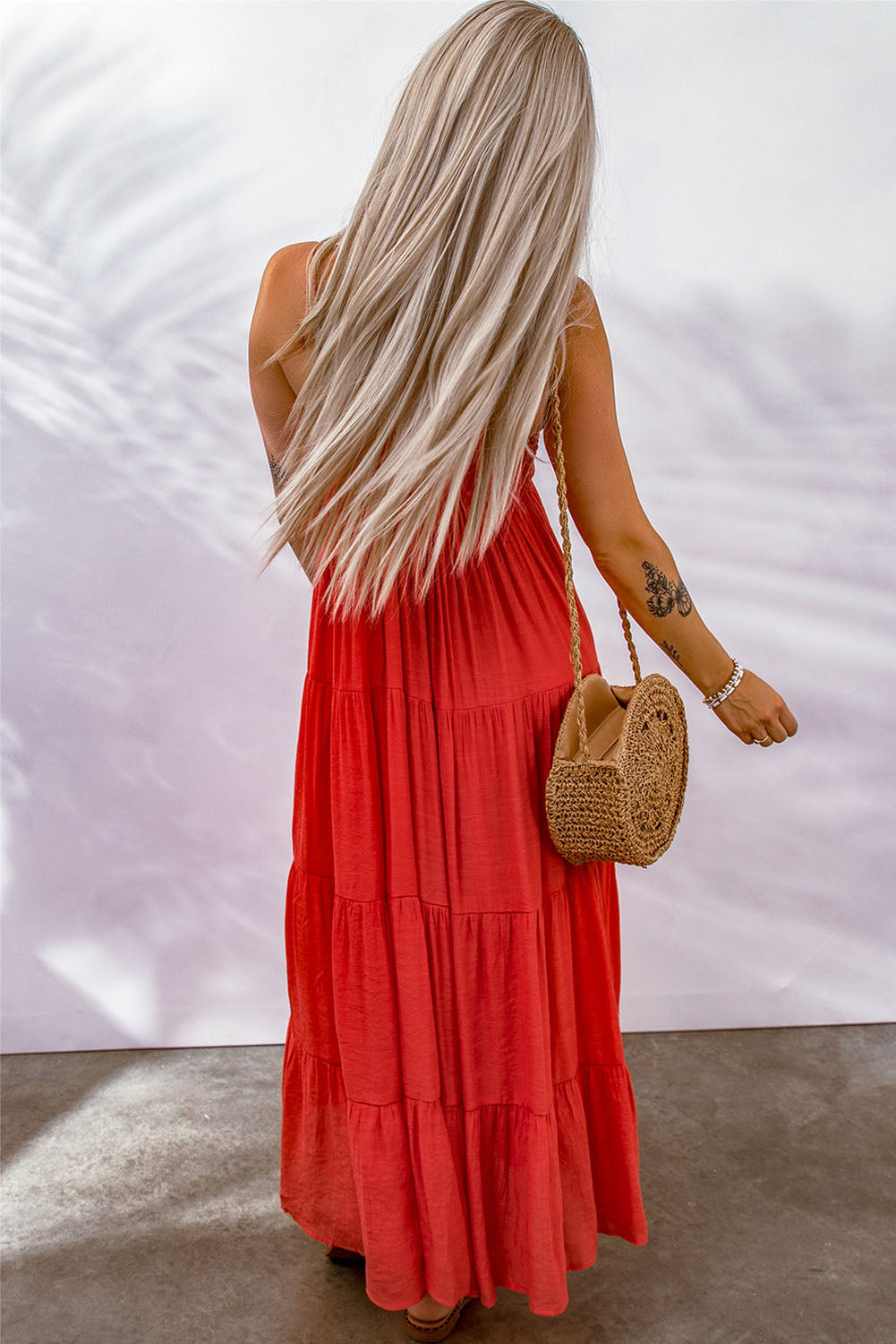 O-ring Smocked Back Spaghetti Straps Tiered Maxi Dress