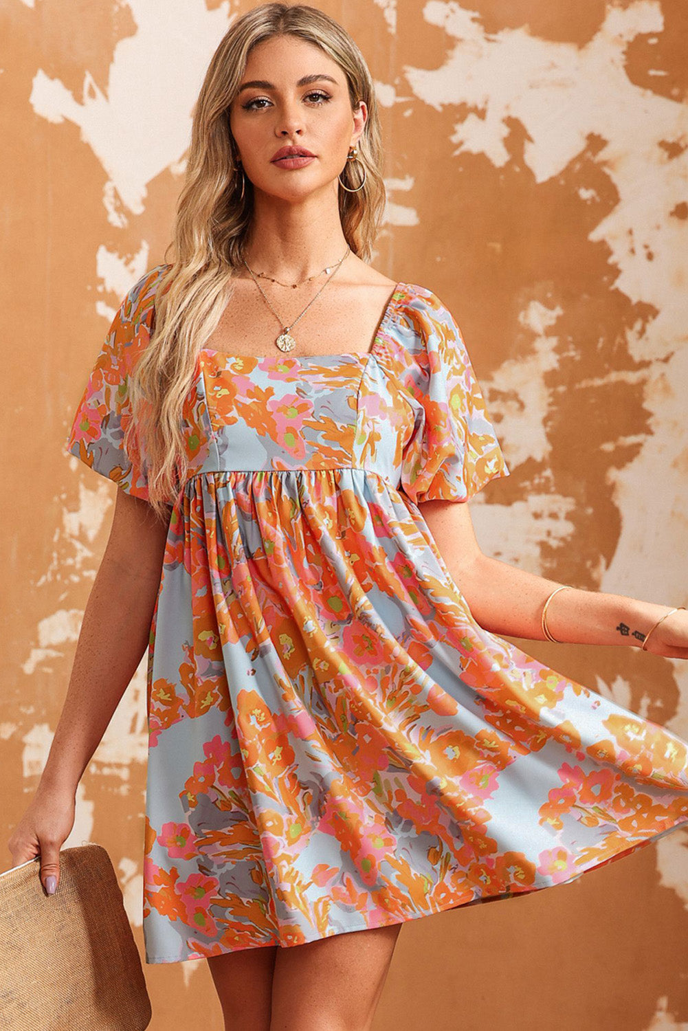 High Waist Square Neck Puff Sleeve Floral Dress