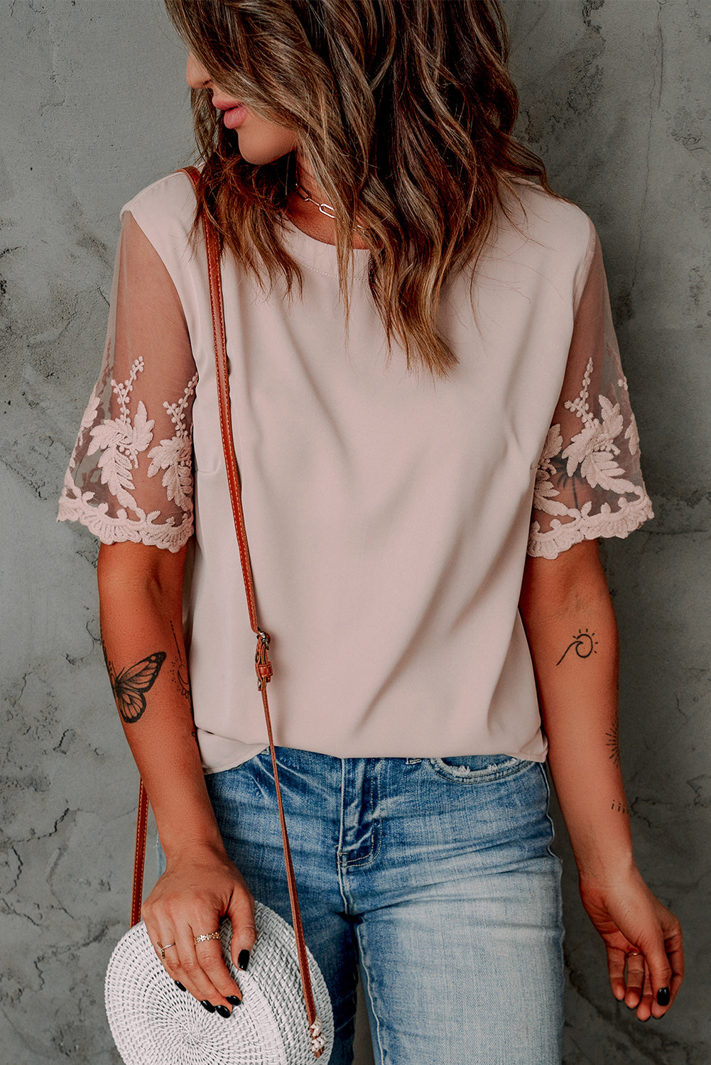 Floral Lace Sleeve Patchwork Top