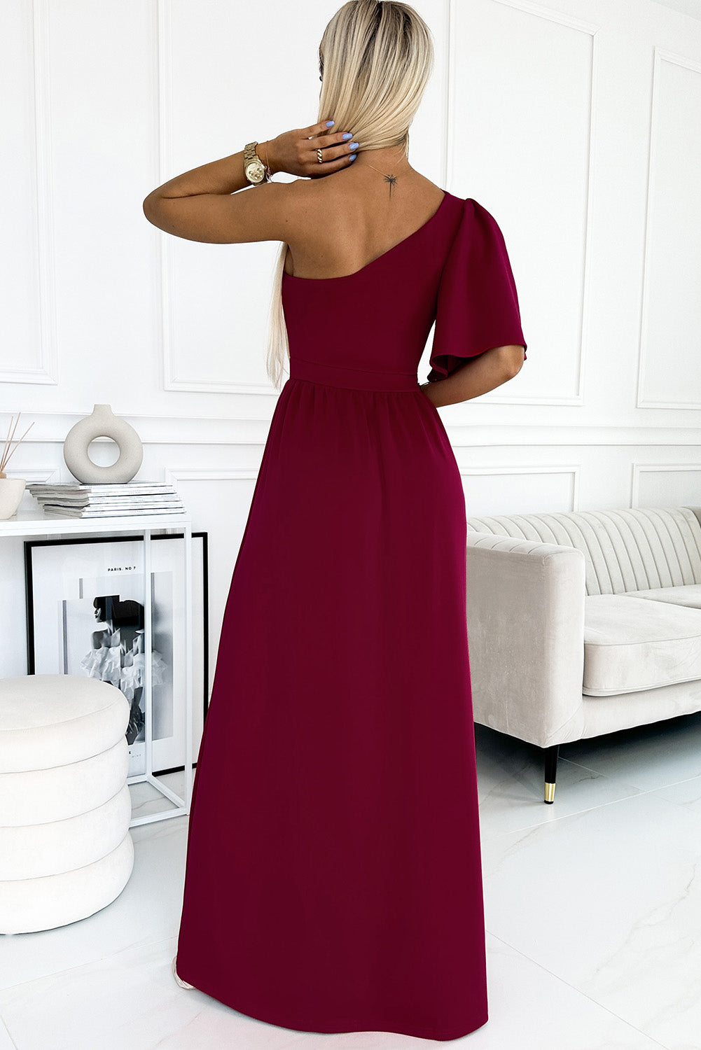 One Shoulder Ruffle Sleeve Maxi Dress with Slit