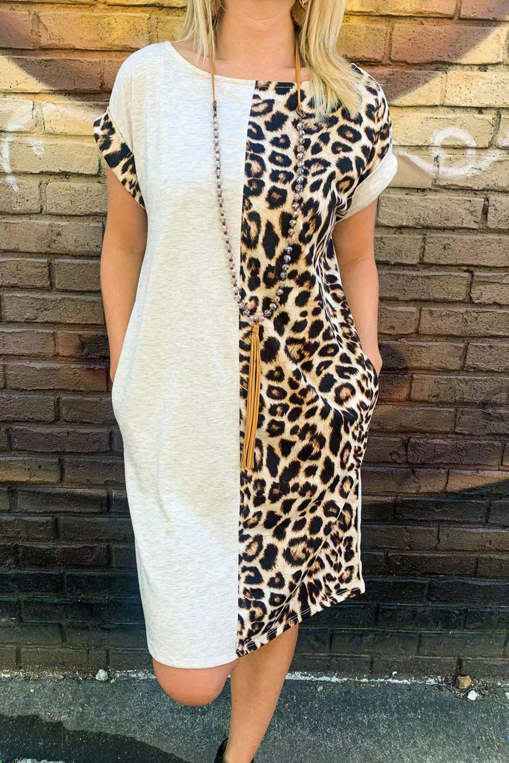 Leopard Contrast Rolled Short Sleeve Dress