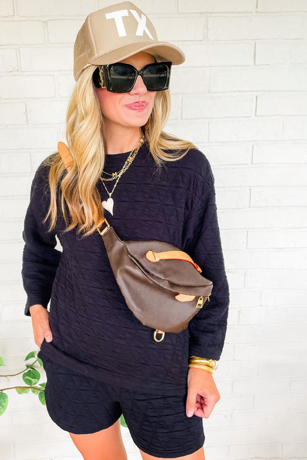 Black Textured Long Sleeve Top Shorts Outfit