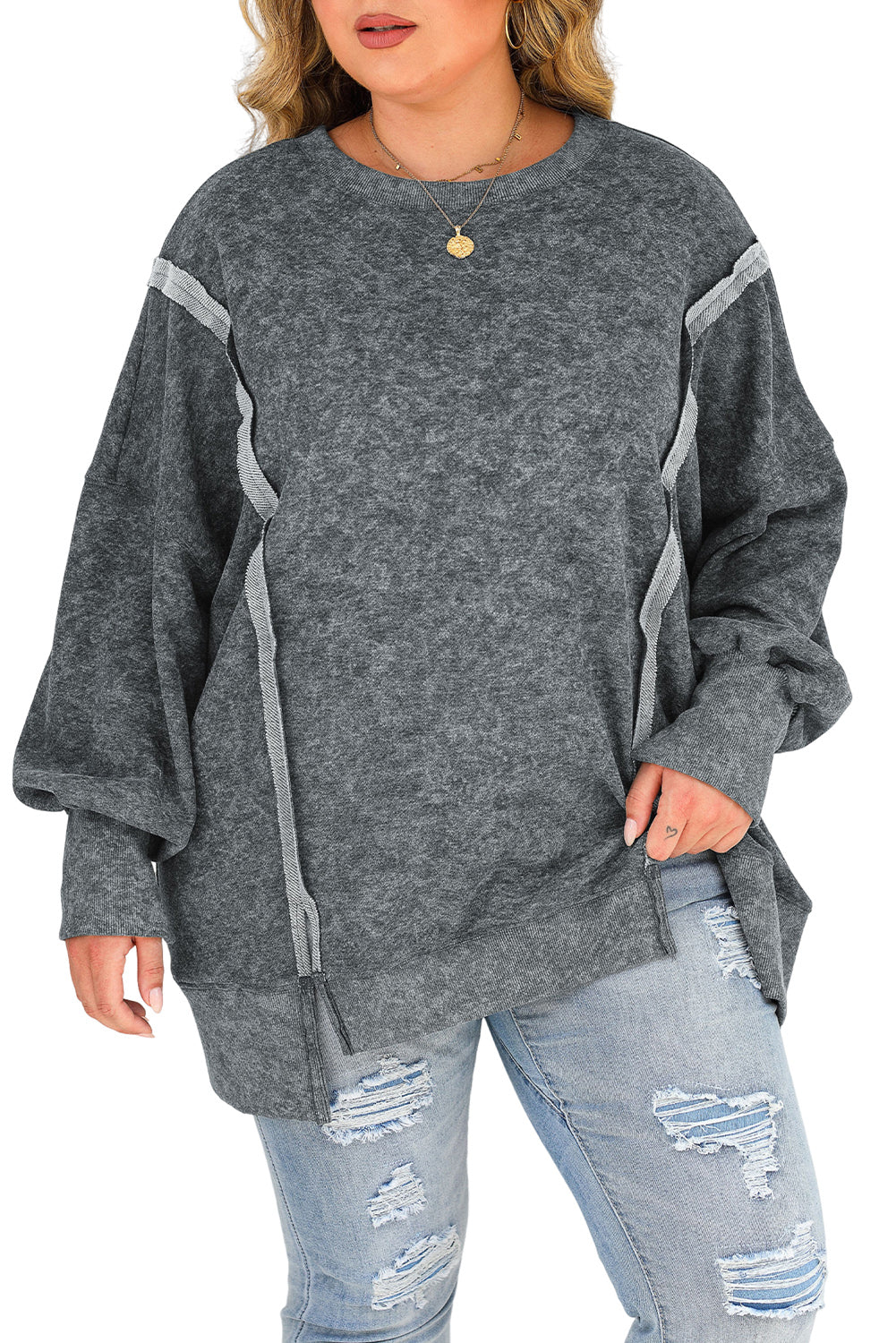 Acid Wash Relaxed Fit Seamed Pullover Sweatshirt with Slits