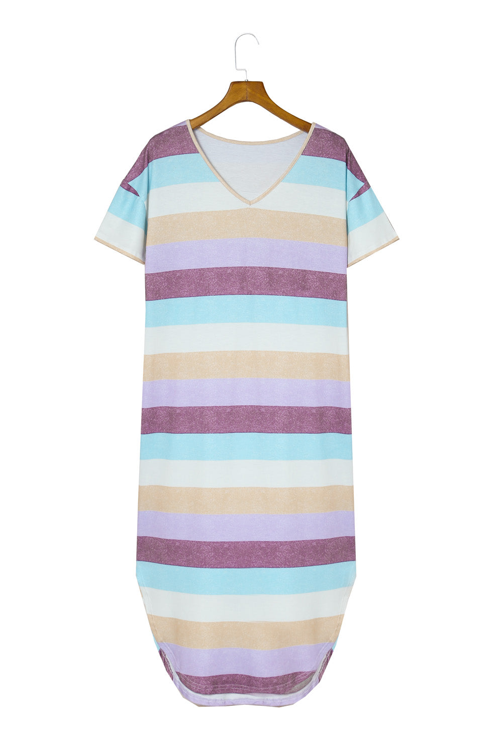 Striped Color Block V Neck T Shirt Midi Dress