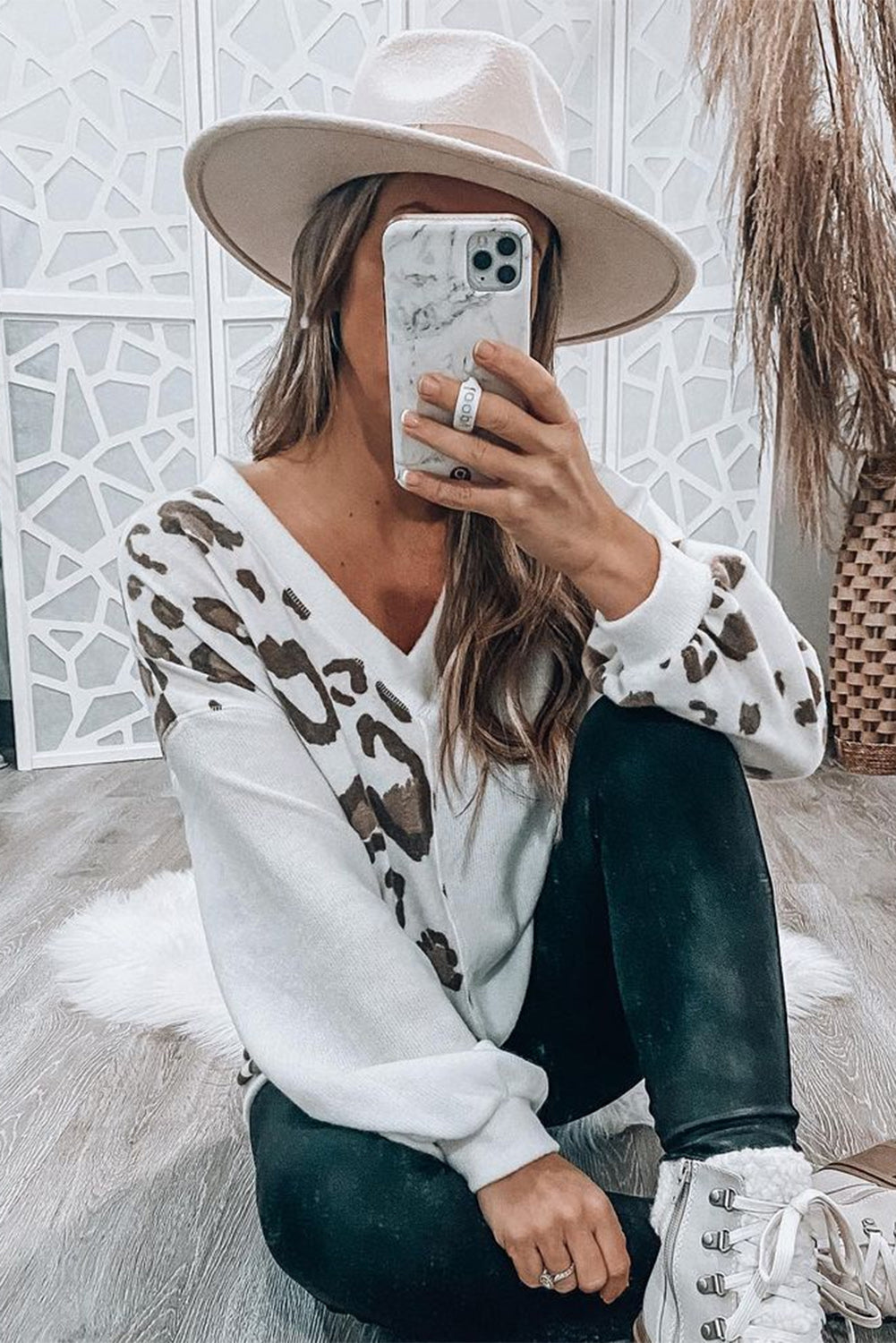 Leopard Patchwork V Neck Long Sleeve Top