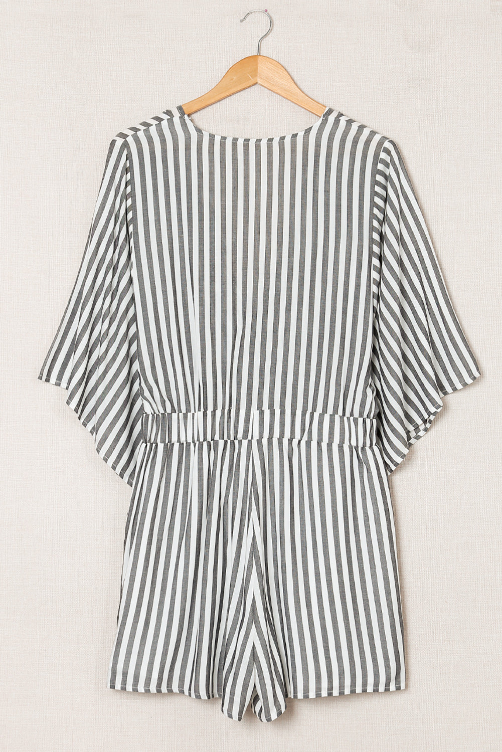 3/4 Wide Kimono Sleeves Tie Front Striped Romper with Pockets