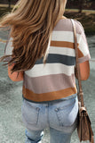 Camel Striped Knit Crew Neck T Shirt Sweater