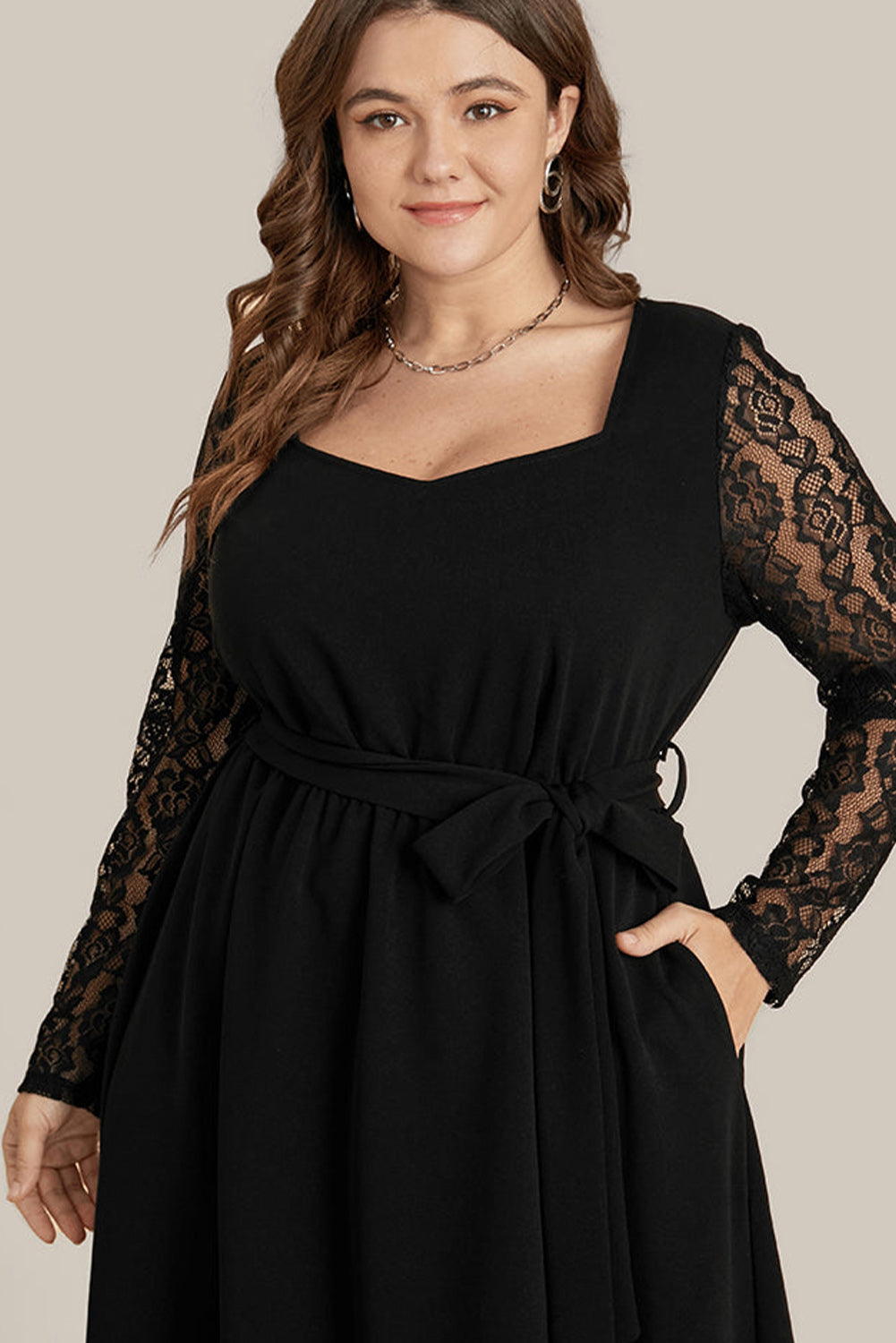 Plus Size Sheer Lace Sleeve Belted Ruffle Midi Dress