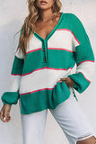 Striped Color Block Knitted Buttoned V Neck Sweater