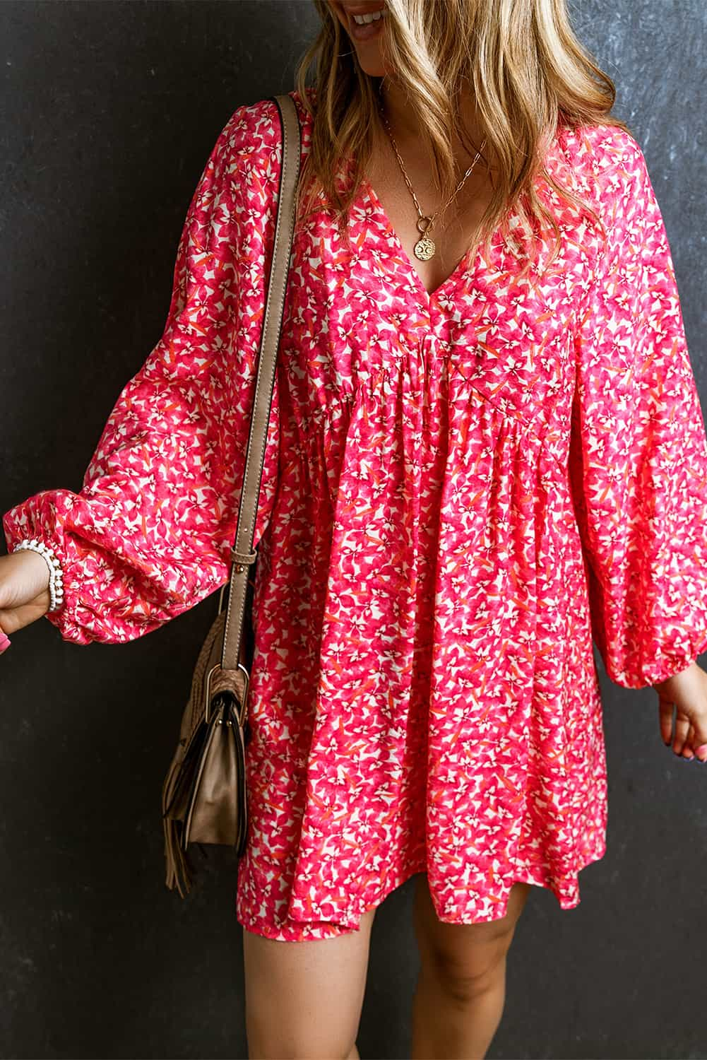 Floral Print Empire Waist Bubble Sleeve Dress