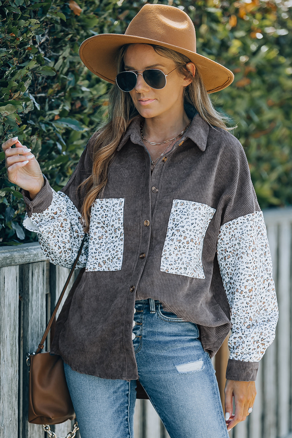 Leopard Patchwork Corduroy Buttoned Shirt Jacket