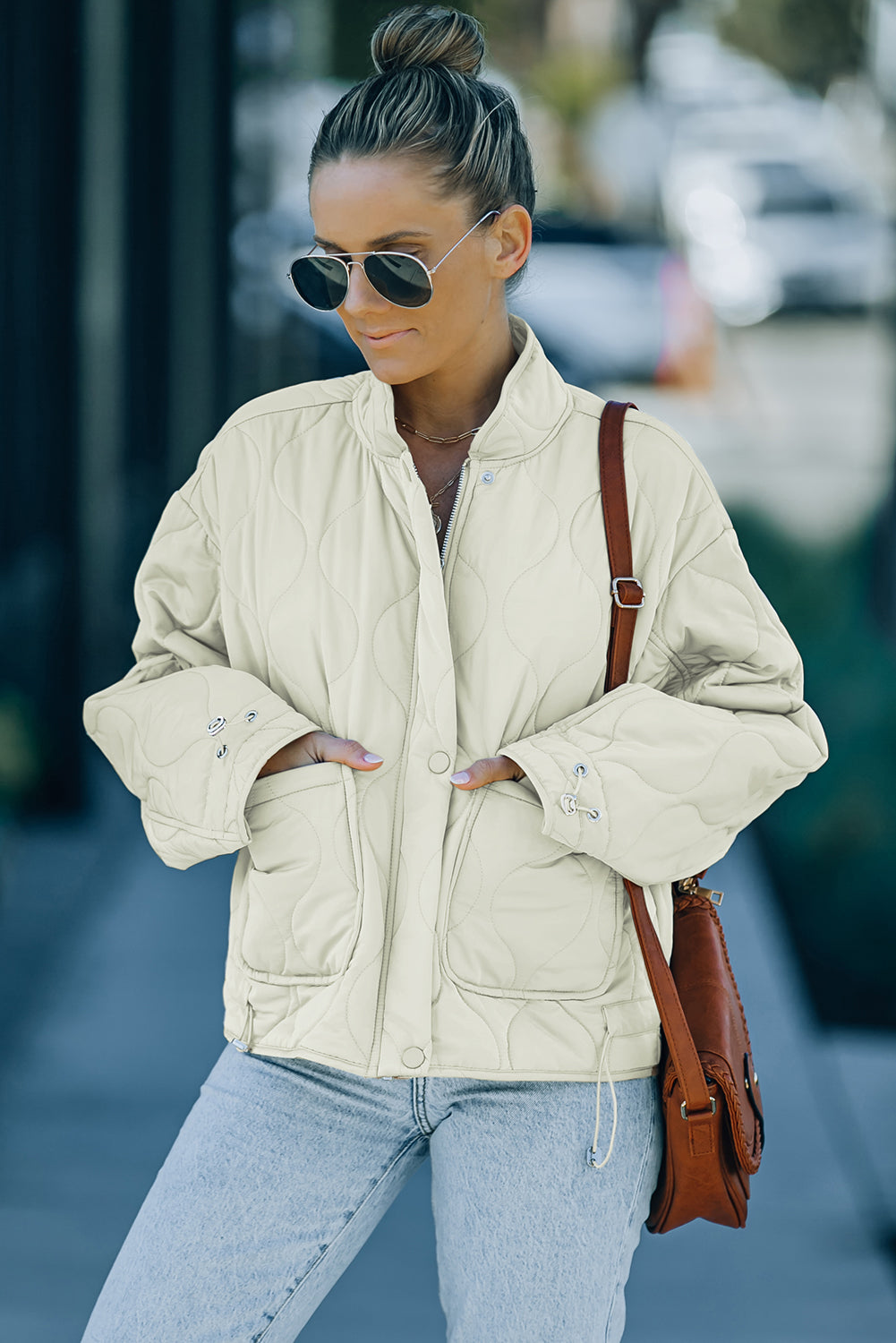 Veste doublée matelassée kaki à col montant