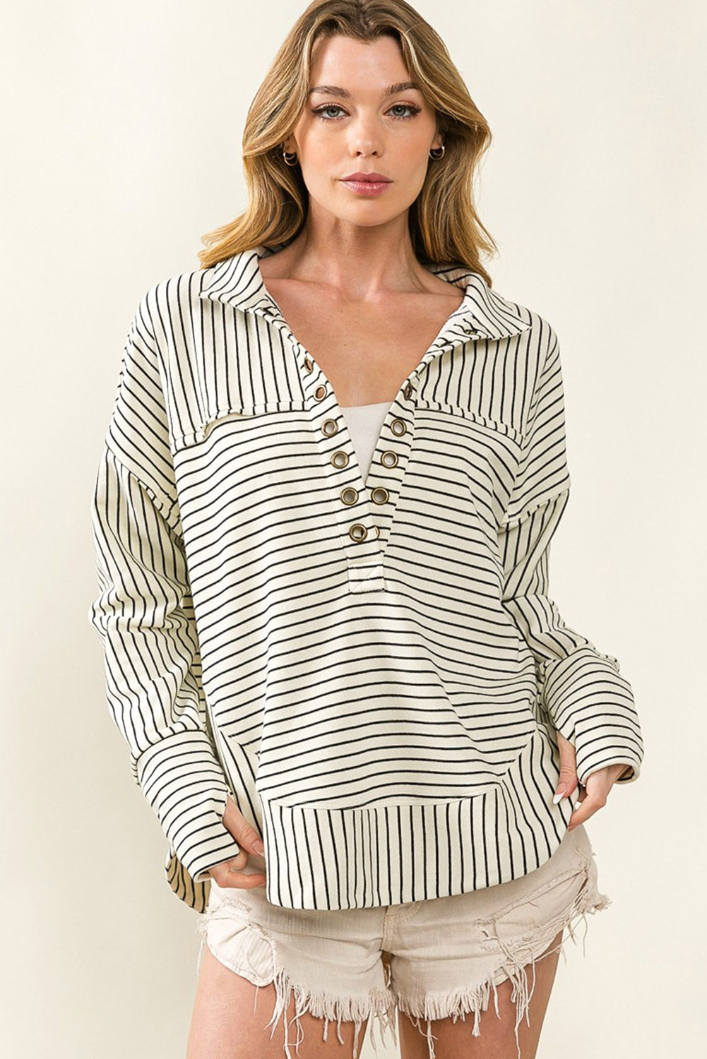 Striped Thumbhole Drop Shoulder V Neck Top