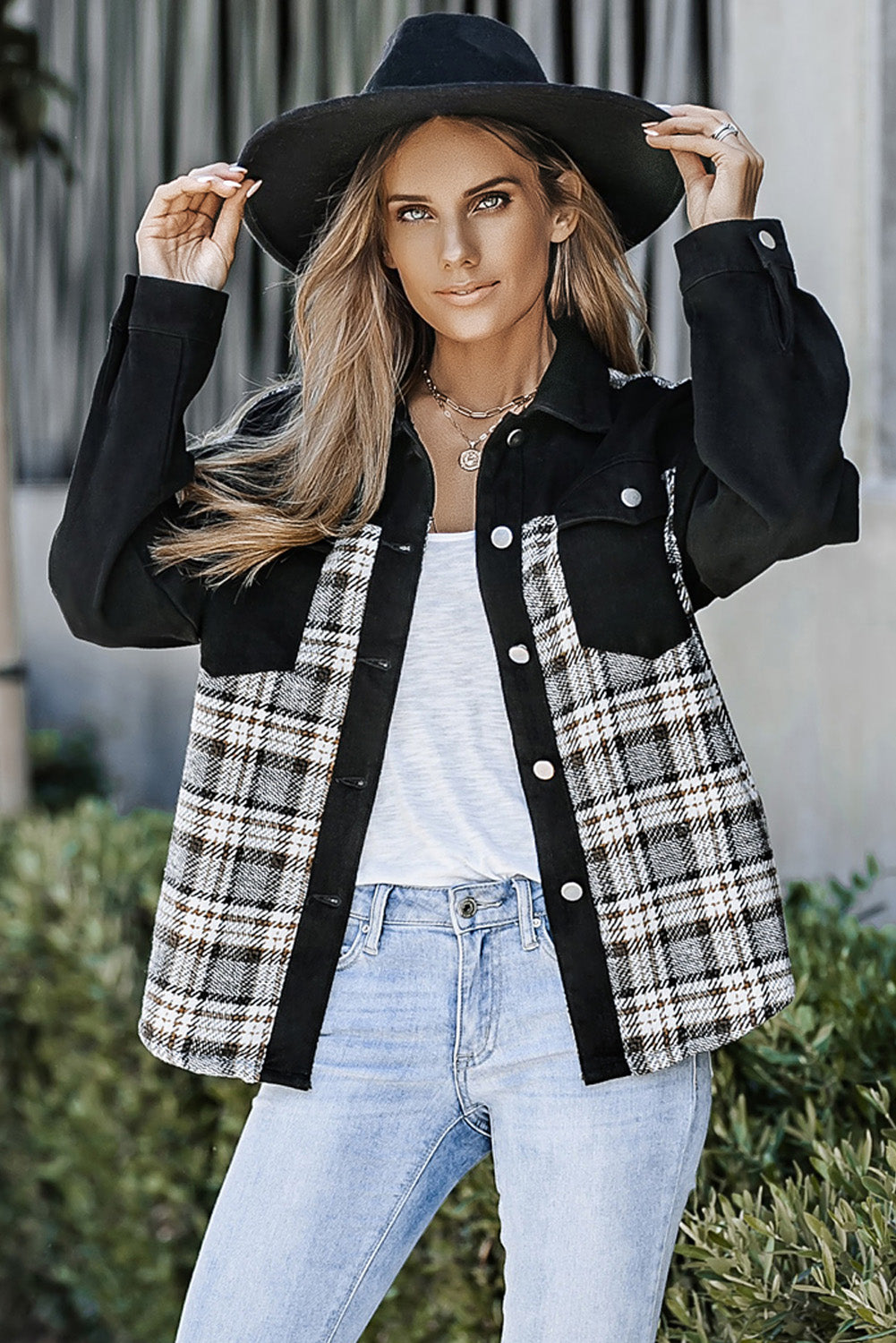 Plaid Patchwork Raw Hem Denim Jacket