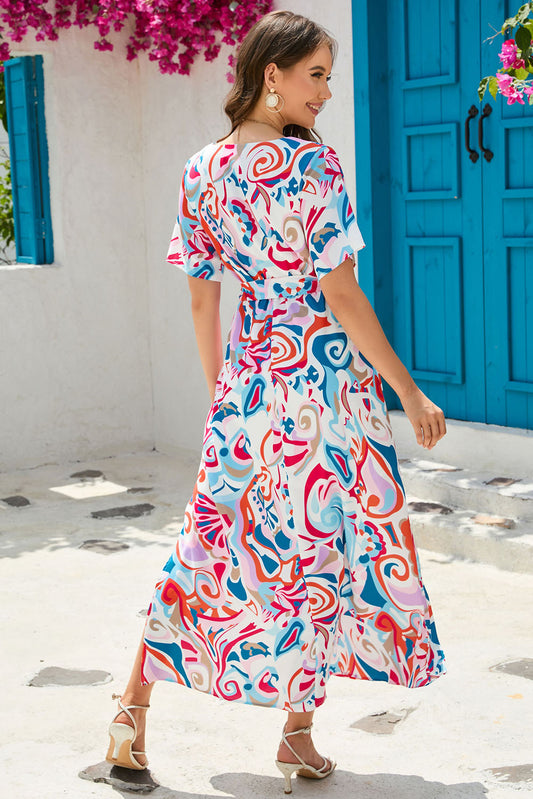 Abstract Printed Wrap V Neck Belted Maxi Dress