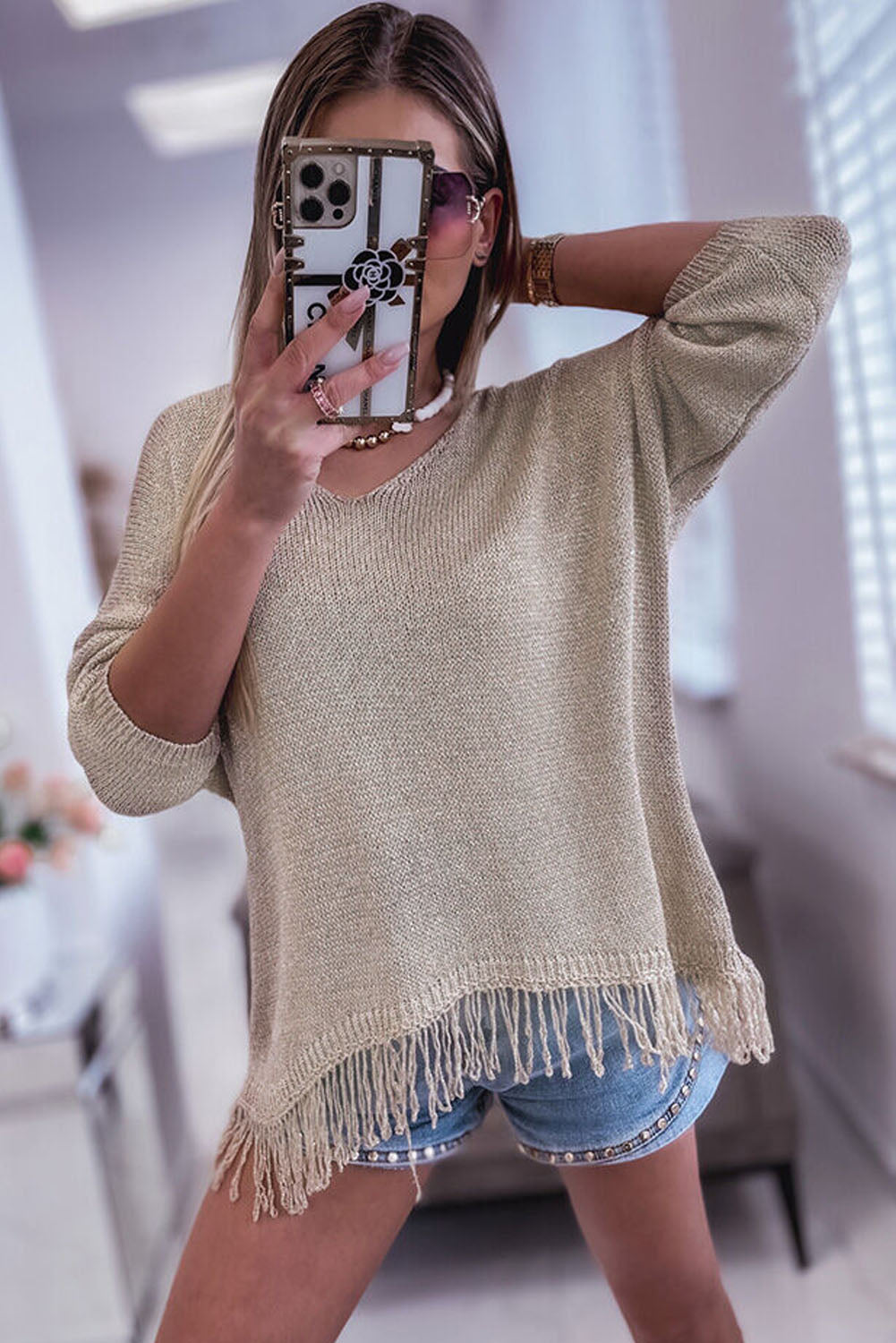 Lightweight Knit Fringe Hem Loose Sweater