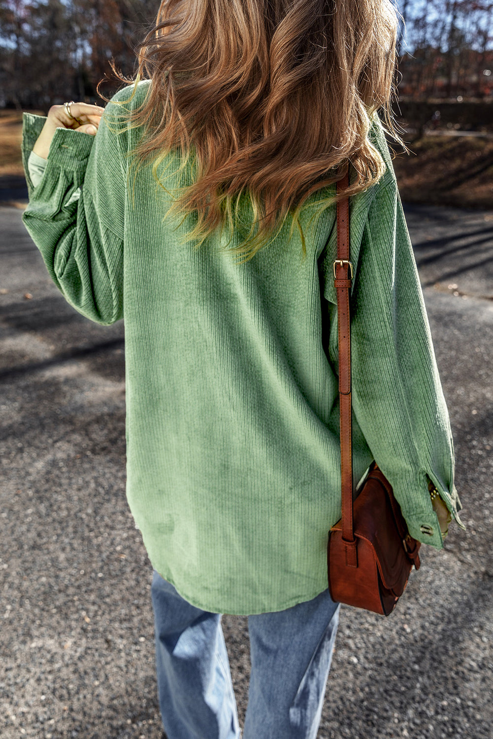 Light French Beige Patched Pocket Button Up Corduroy Shacket