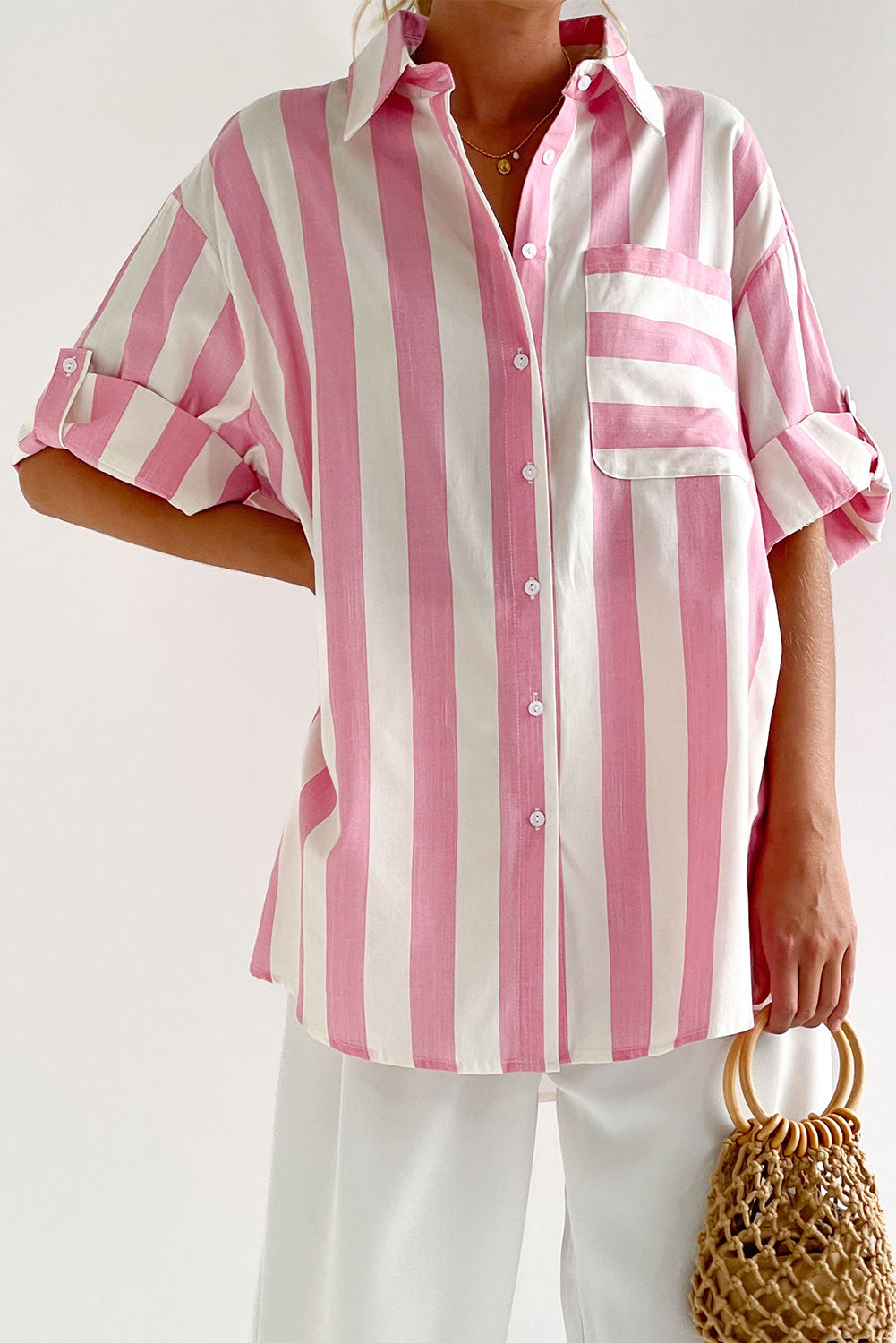 Striped Button Up Rolled Sleeves Shirt