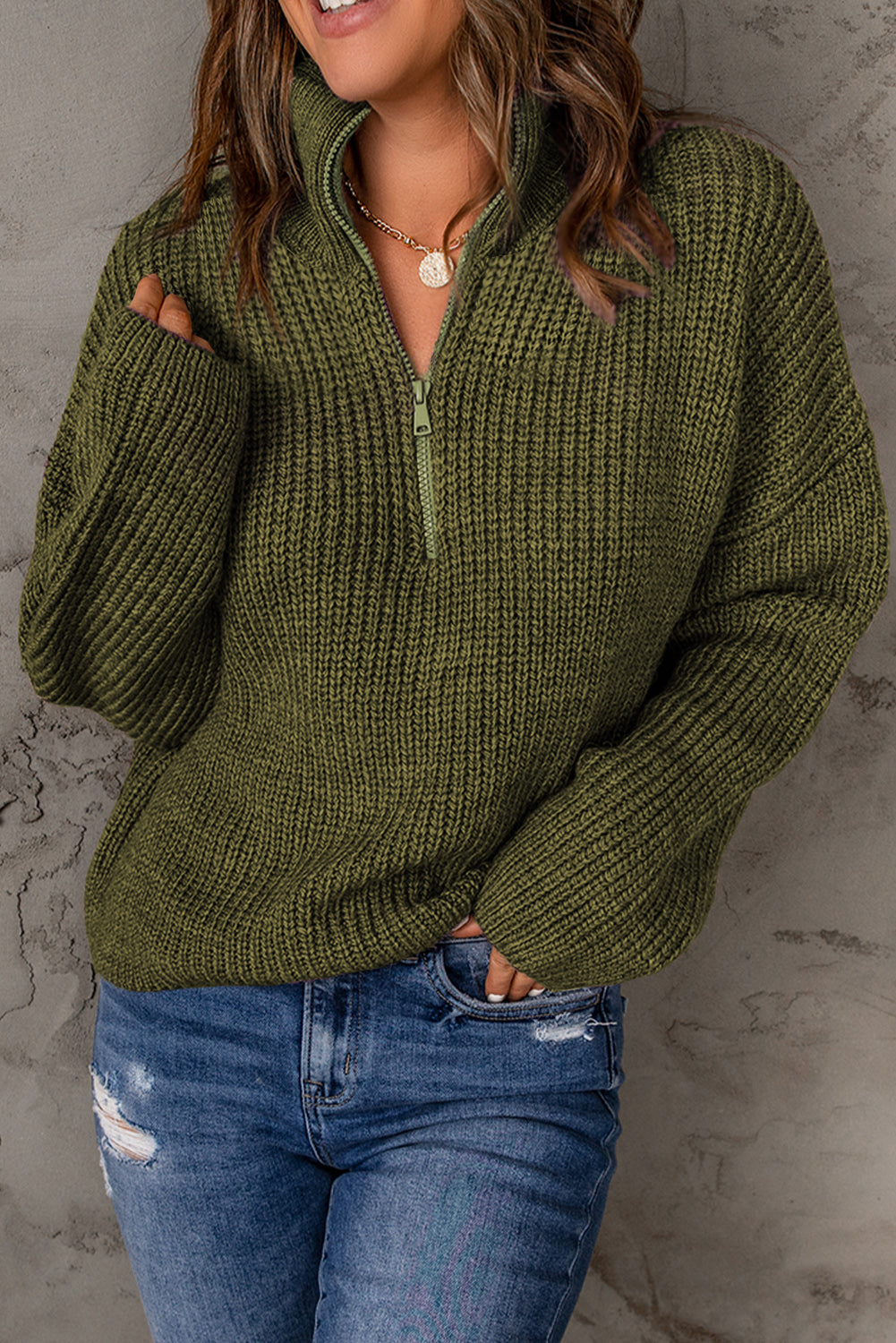 Zipped Turtleneck Drop Shoulder Knit Sweater