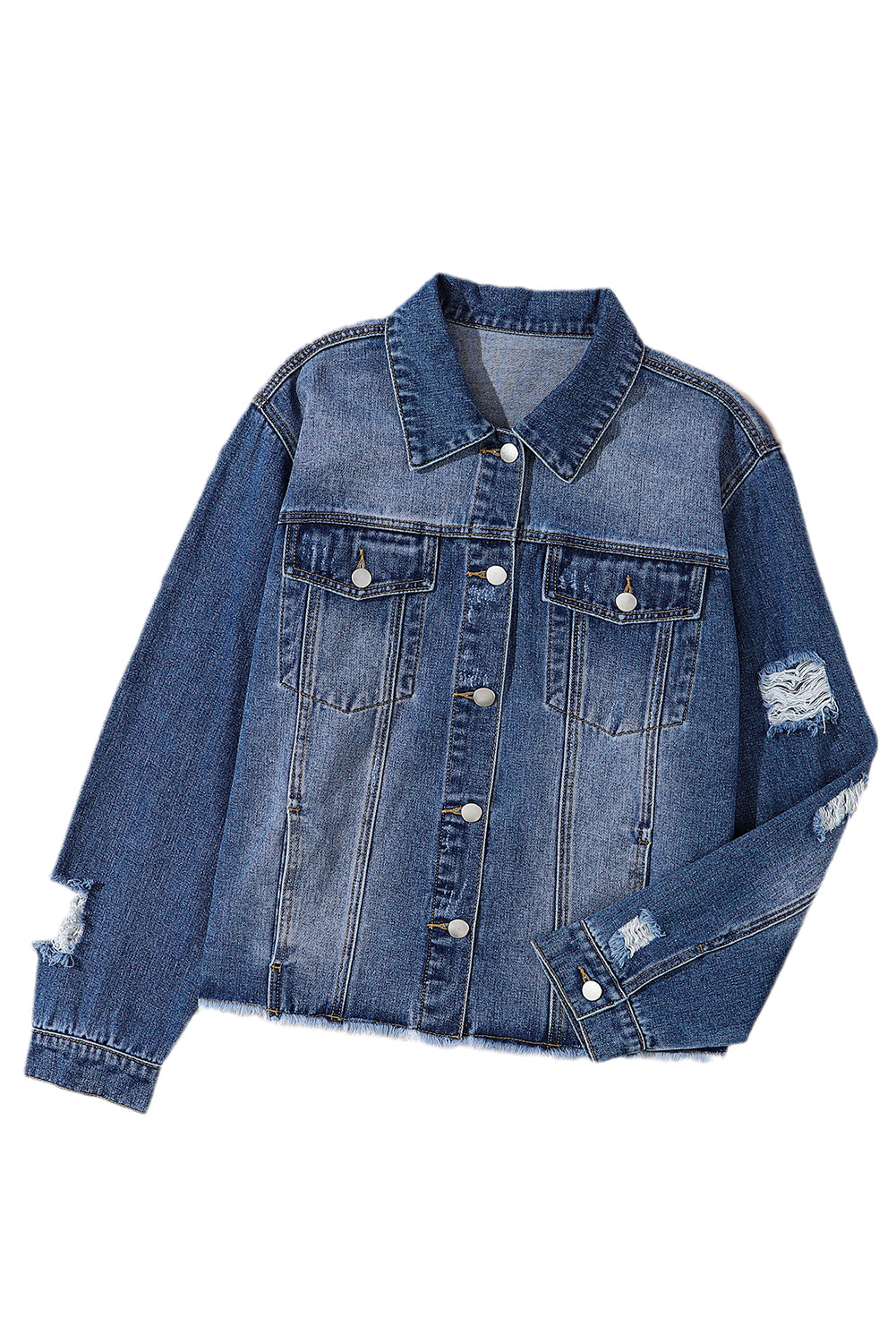 Sky Blue Lapel Distressed Raw Hem Buttons Denim Jacket