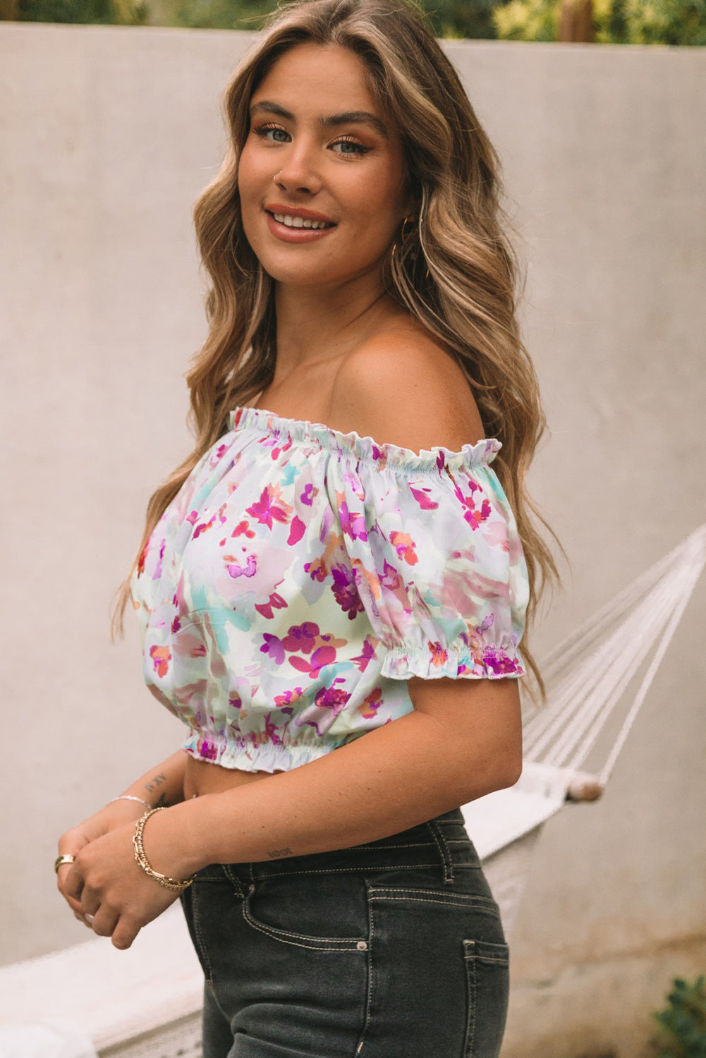 Floral Print Off Shoulder Puff Sleeve Blouse