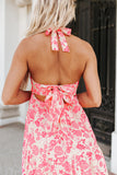 Robe longue rose à fleurs en vichy et épaules nouées