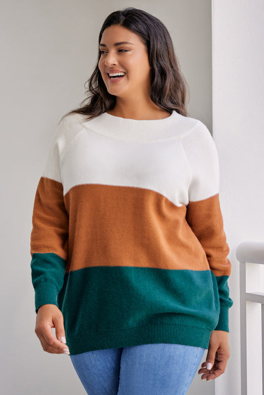 Plus Size Ribbed Trim Color Block Sweater