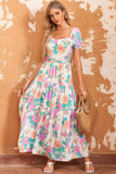 Square Neck Puff Sleeve Tiered Floral Maxi Dress