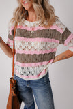 Purple Stripe Color Block Hollow Out Crochet Half Sleeve Sweater