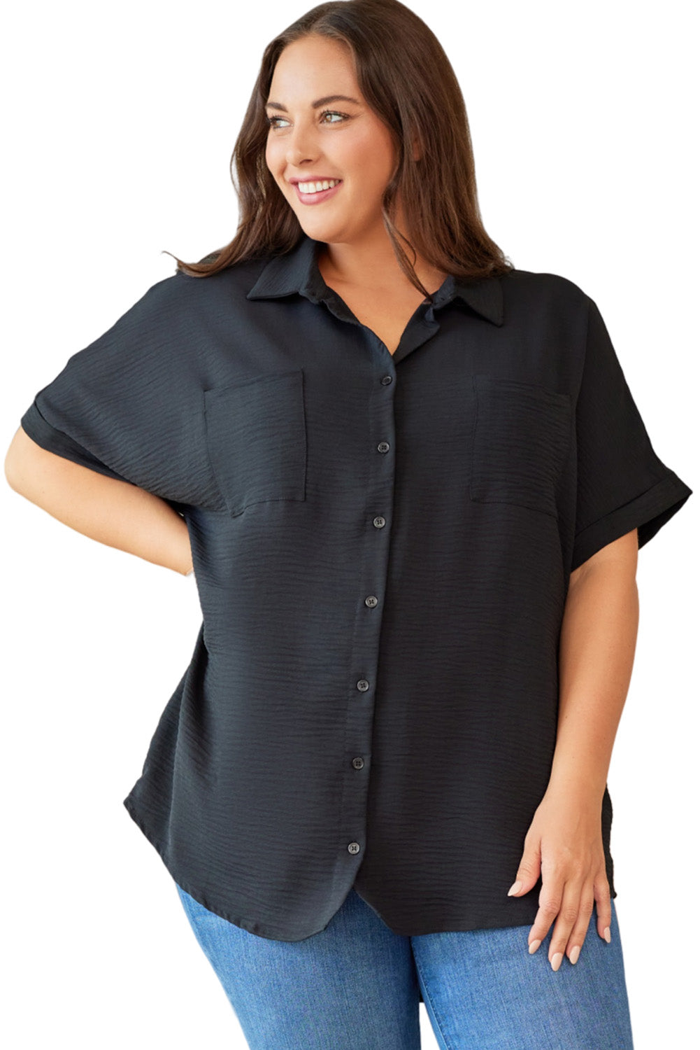 Chemise noire texturée froissée à manches courtes de grande taille