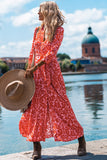 Printed 3/4 Sleeve V Neck Shirt Long Dress with Belt