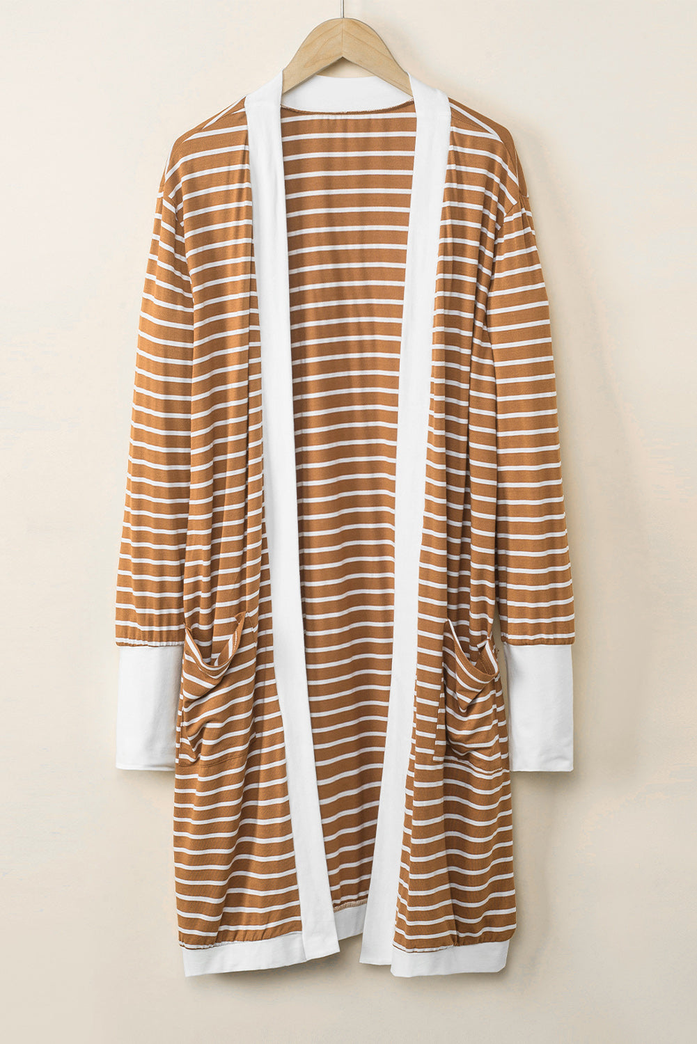 Striped Side Pockets Open Front Cardigan