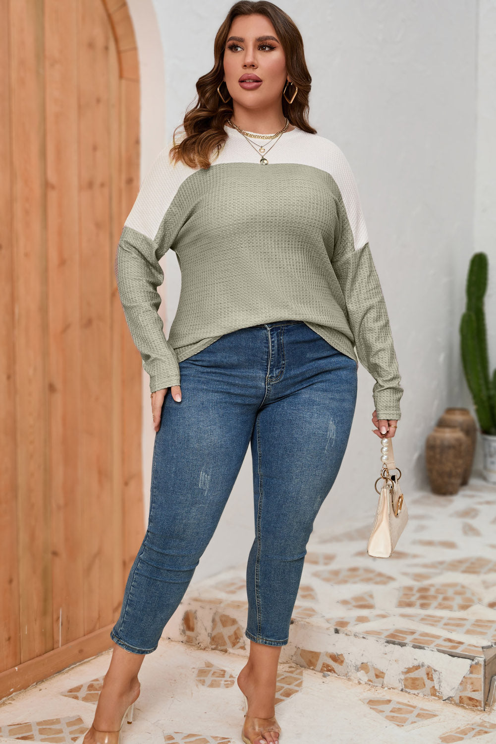 Plus Size Colorblock Knit Long Sleeve Top