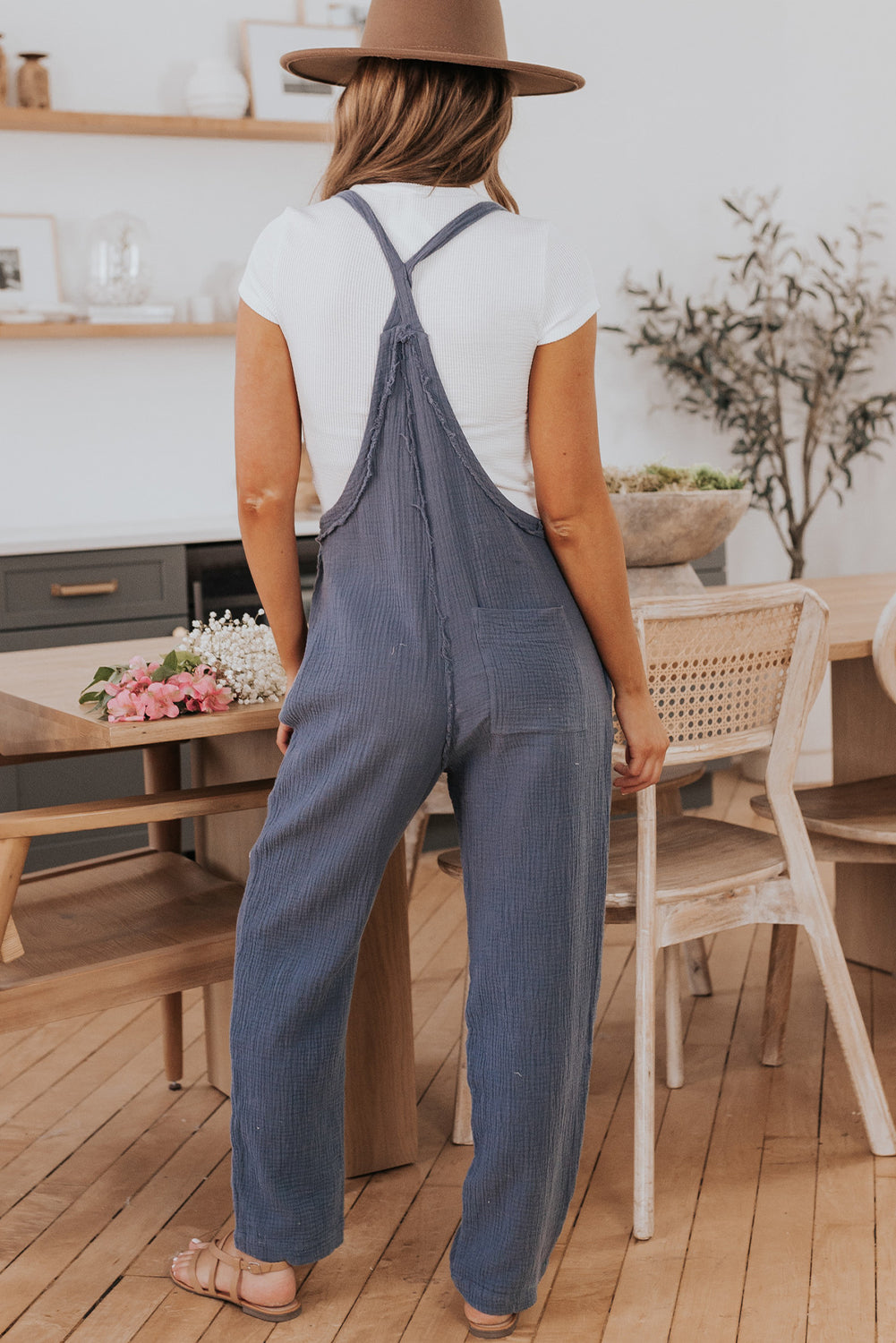 Distressed Trim Crinkle Pocketed Jumpsuit