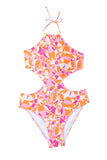 Abstract Print Halter Hollow-Out Back Tie One-Piece Swimsuit