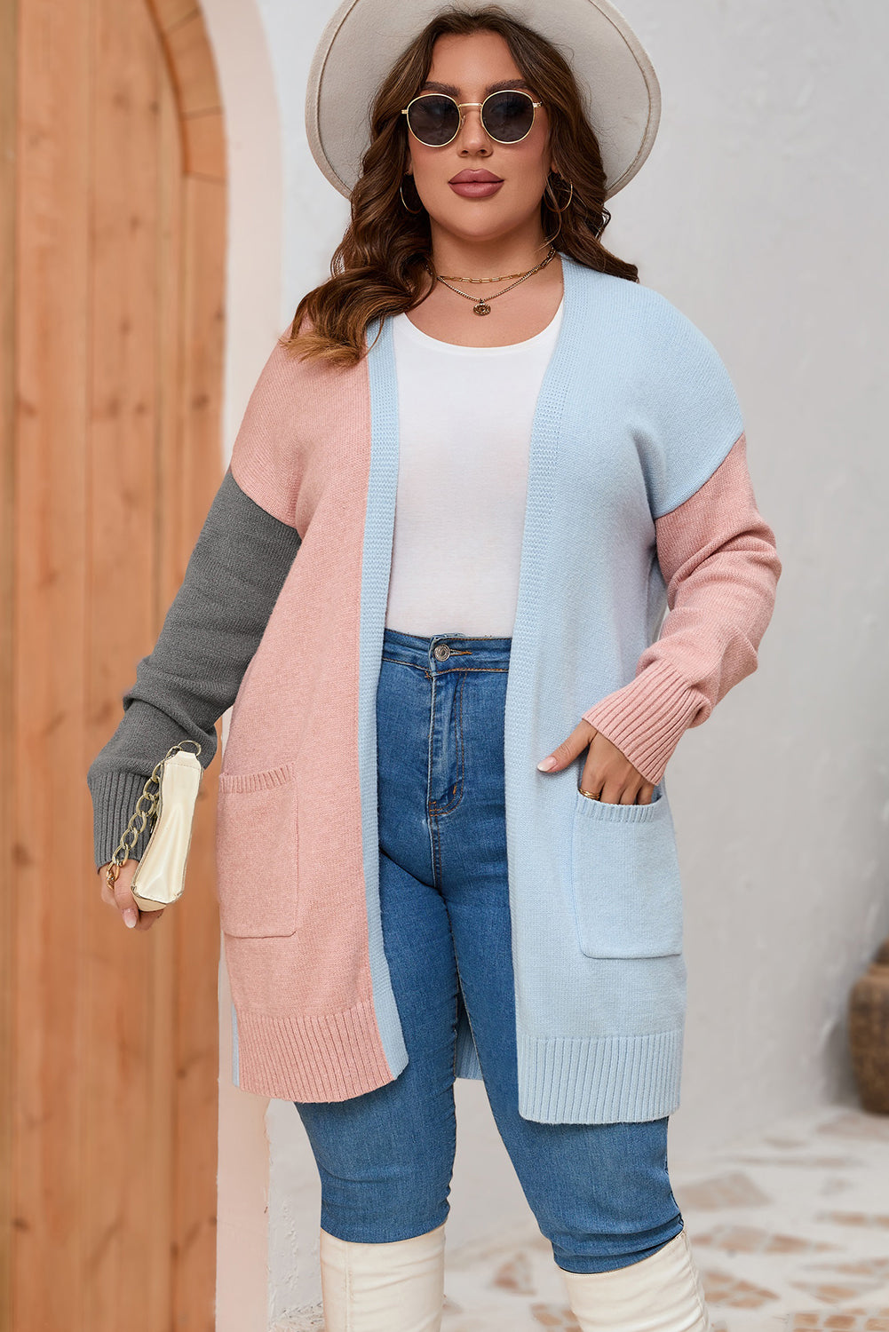 Plus Size Colorblock Pocketed Open Front Cardigan