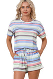 Striped Print Tee and Shorts Lounge Set