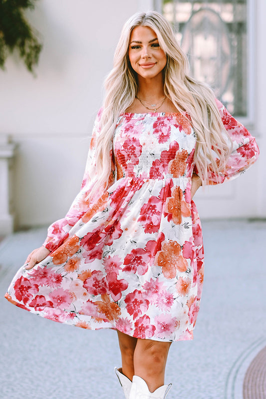 Floral Print Smocked Puff Sleeve Mini Dress