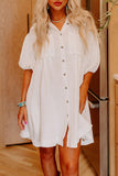 White Half Puff Sleeve Buttoned Shirt Mini Dress