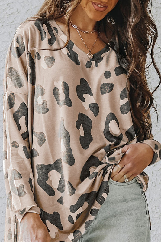 Leopard V Neck Drop Shoulder Long Sleeve Top