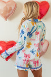 Sky Blue Bow Print Tied Ruffled Pajama Set