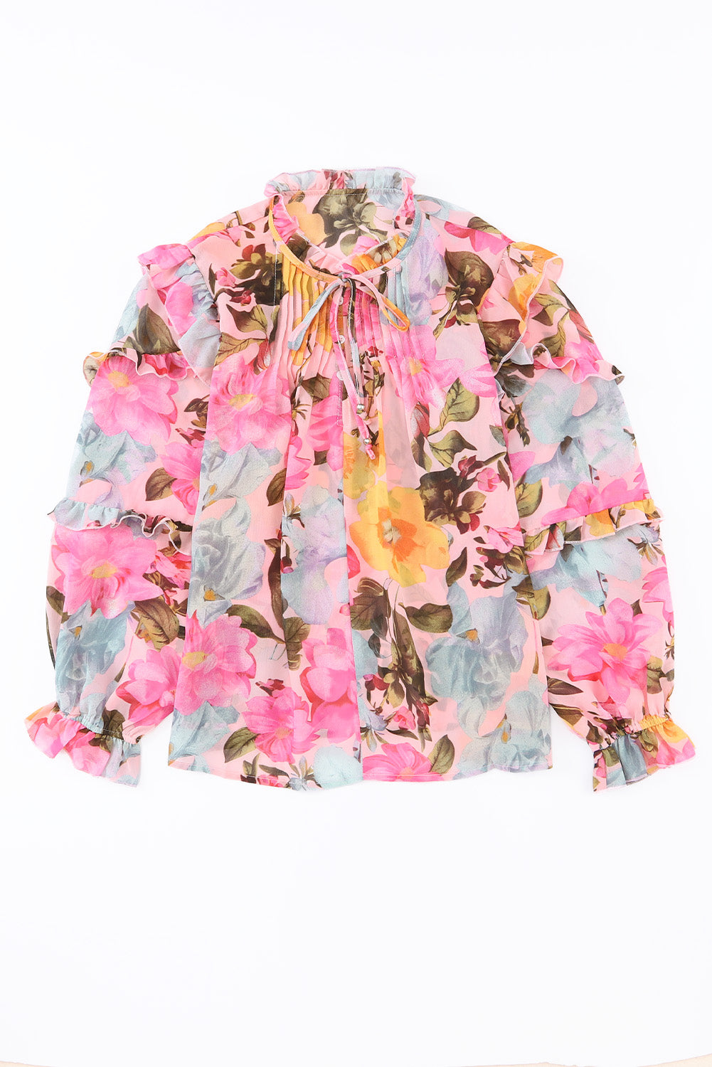 Pink Floral Print Tiered Ruffled Long Sleeve Blouse