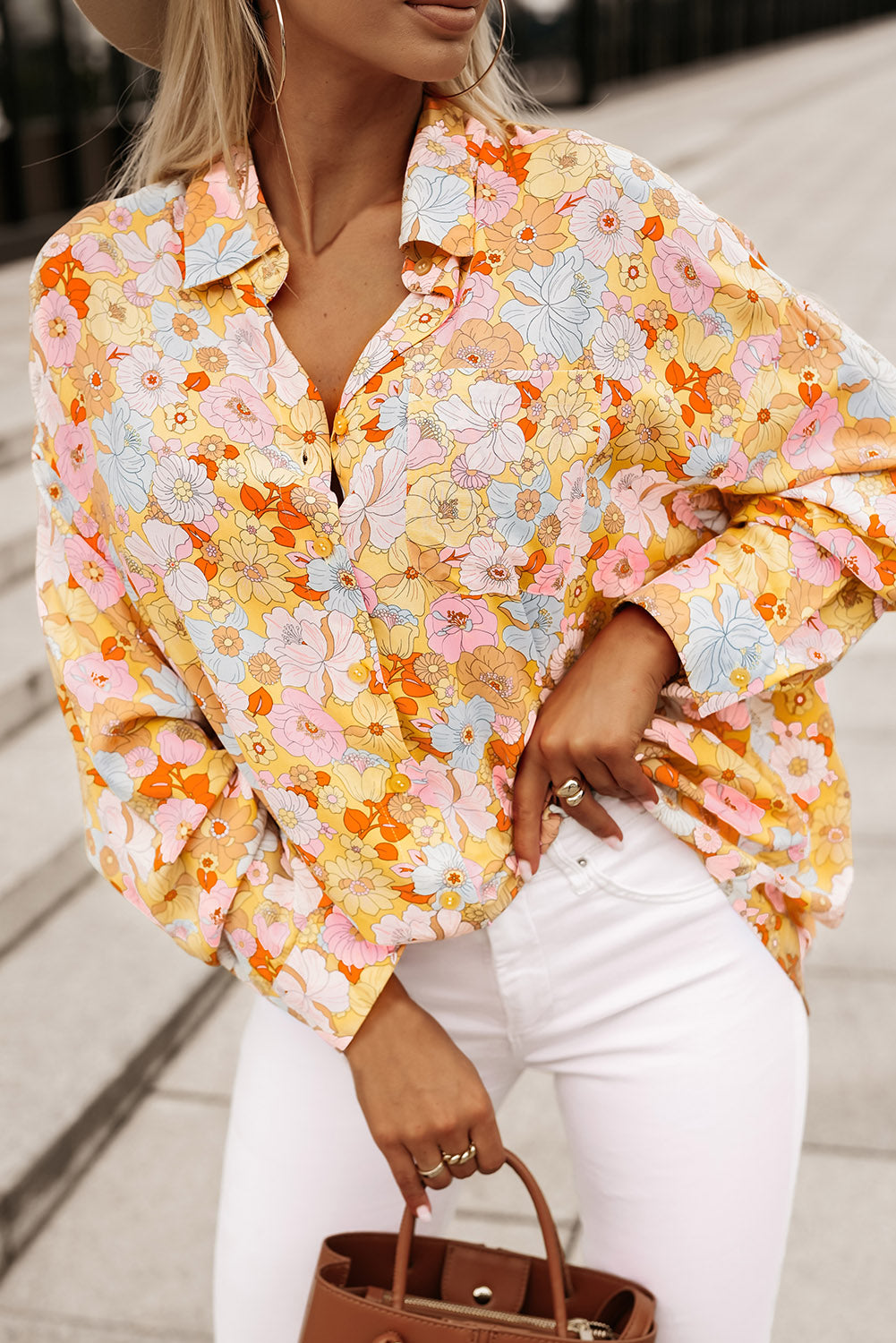 Floral Print Turn Down Collar Loose Shirt