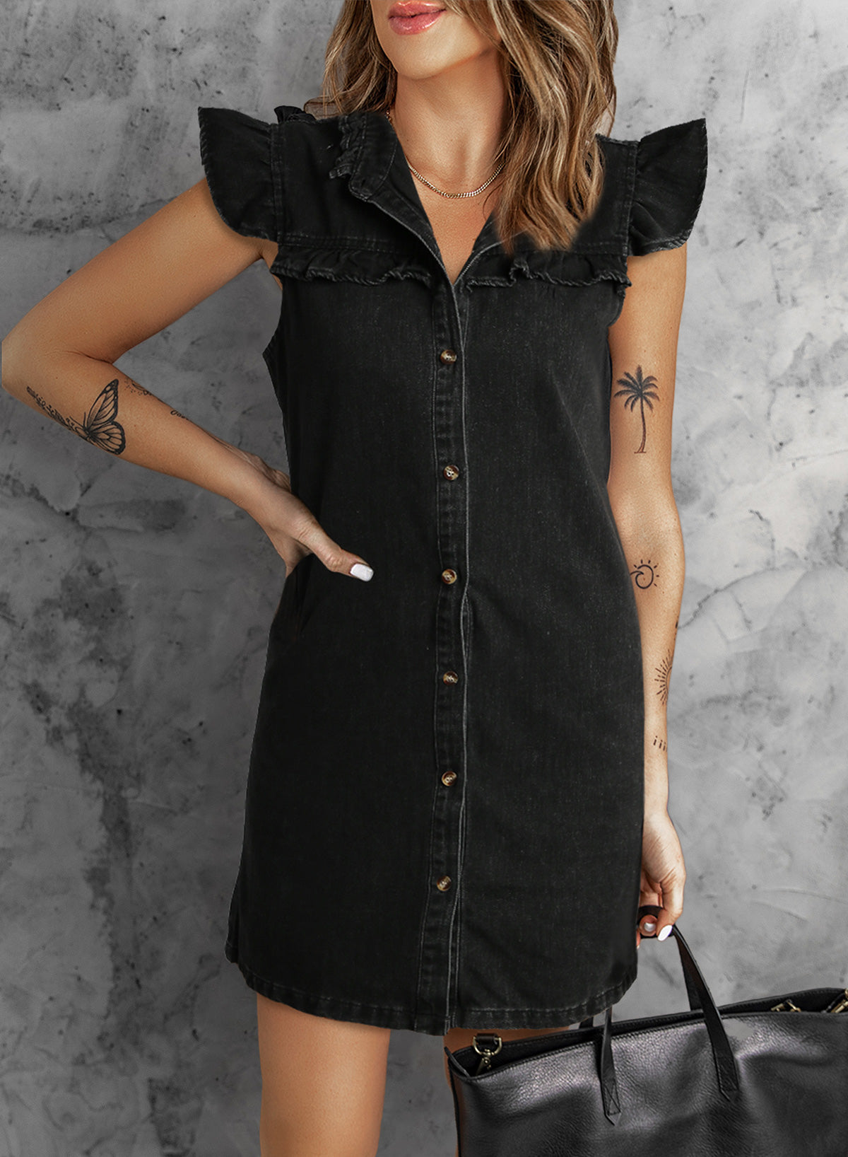 Ruffled Cap Sleeves Button Up Denim Dress