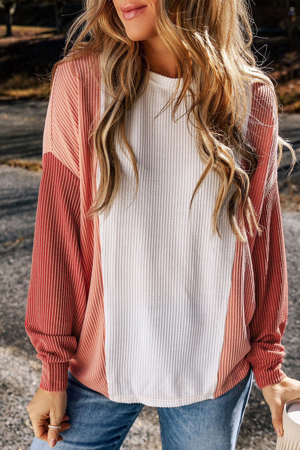 Black Color Block Long Sleeve Ribbed Loose Top