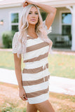 Lace Crochet Short Sleeve Drawstring Striped Dress