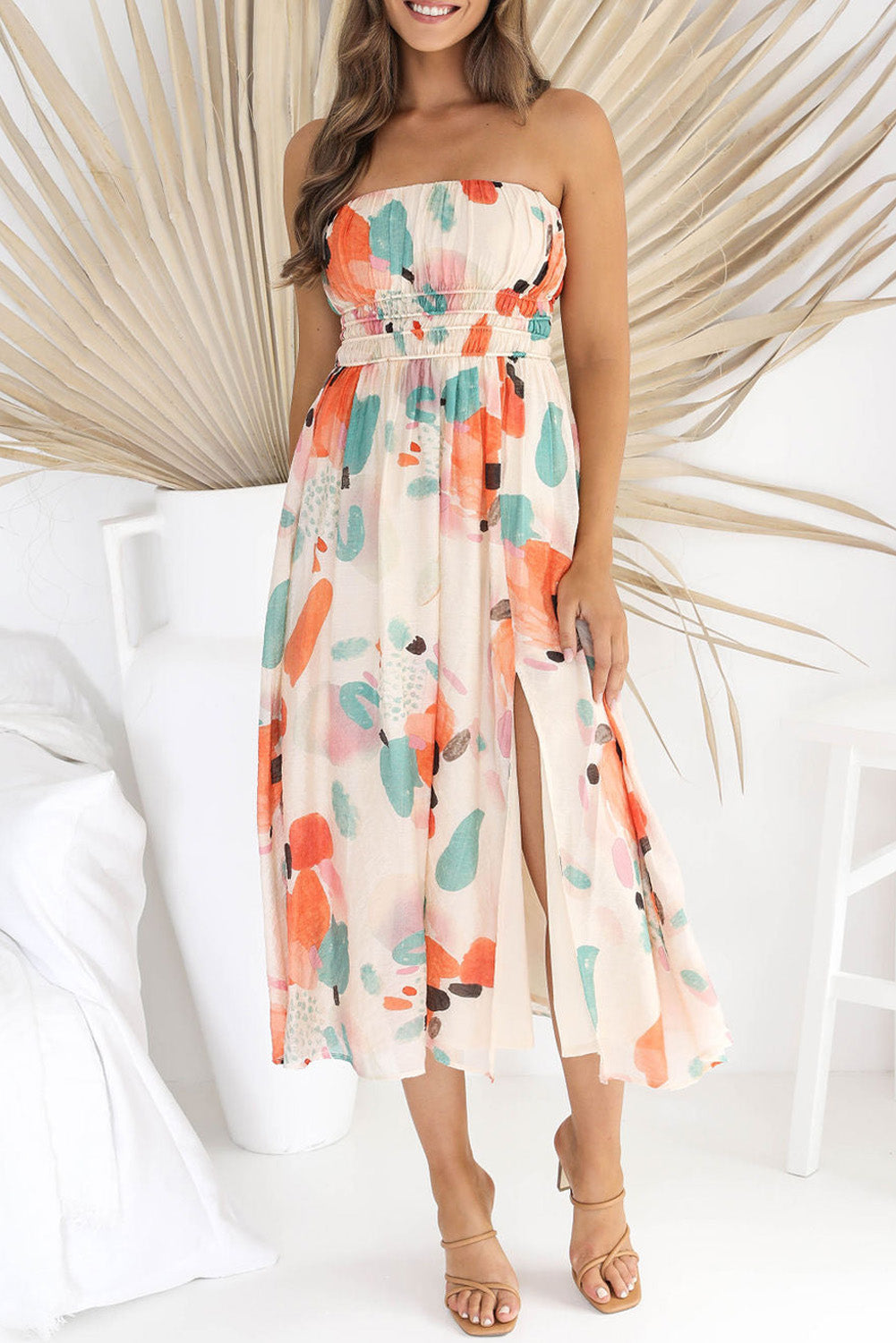 Strapless Shirred Abstract Print Split Long Dress